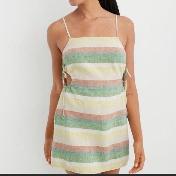 Aerie women cut out mini dress stripped colorful vacation linen y2k fairy boho - Picture 11 of 13
